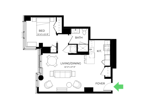 Floor plan for 1 bed, 1 bath, 795 sqft
